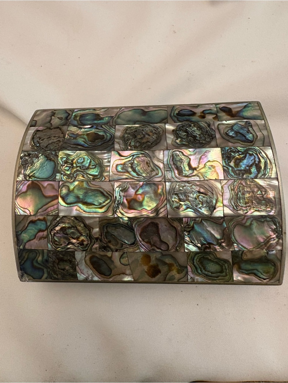Vintage Mid-Century Mexican Abalone Mosaic Jewelry Box Rosewood Lined Hinge